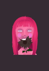 a girl with pink hair and a flower in her mouth