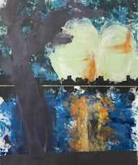 a painting with a tree and a city in the background